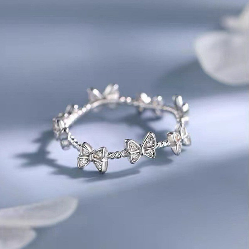 925 Sterling Silver Crystal Butterfly Linked Adjustable Ring Women Jewellery