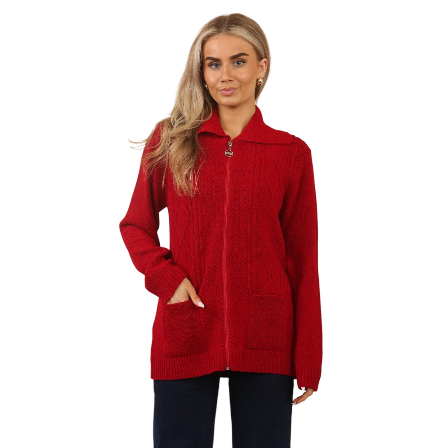 WOMENS ZIP UP CARDIGAN LADIES DIAMOND CABLE KNIT LONG SLEEVES SWEATER TOP JUMPER