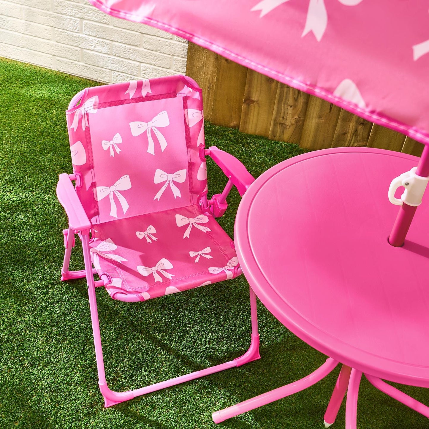 OHS Kids Folding Bistro Set Bows Print Table Chair Seat with Parasol Garden