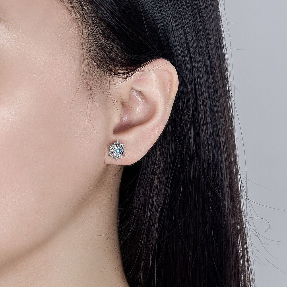 Christmas Crystal Snowflake Stud Earrings 925 Sterling Silver Women Jewellery