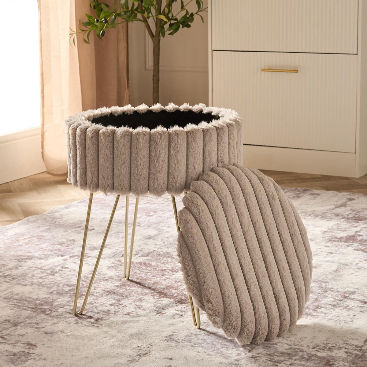 OHS Faux Fur Stool Hairpin Ribbed Fleece Round Vanity Seat Foot Rest Chair