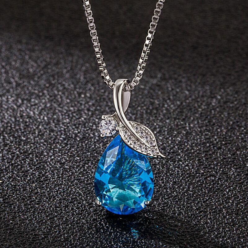 Women 925 Sterling Silver Crystal Leaf water Drop Pendant Necklace Jewellery UK