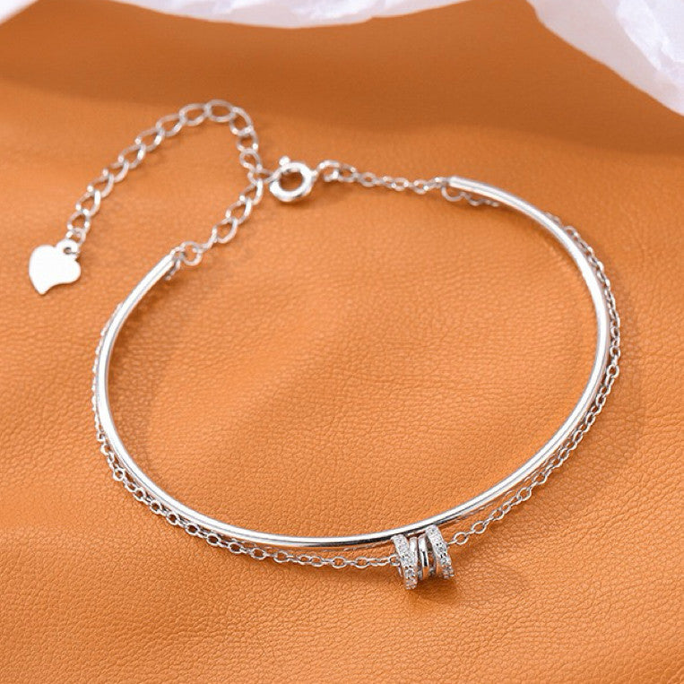 925 Sterling Silver Crystal Double Layer Fashion Charm Bracelet Women Jewellery