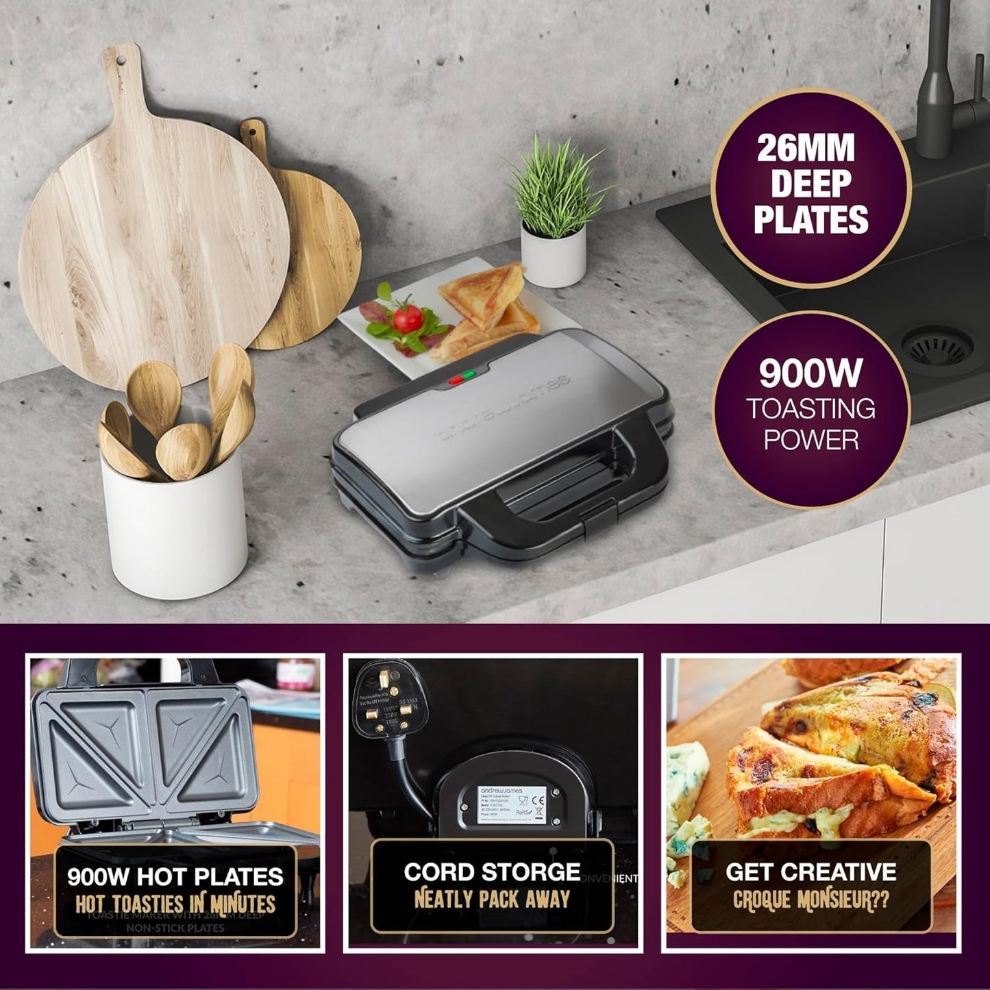 Toastie Maker Sandwich Toaster Extra Deep Fill Grill Toasty Machine Andrew James