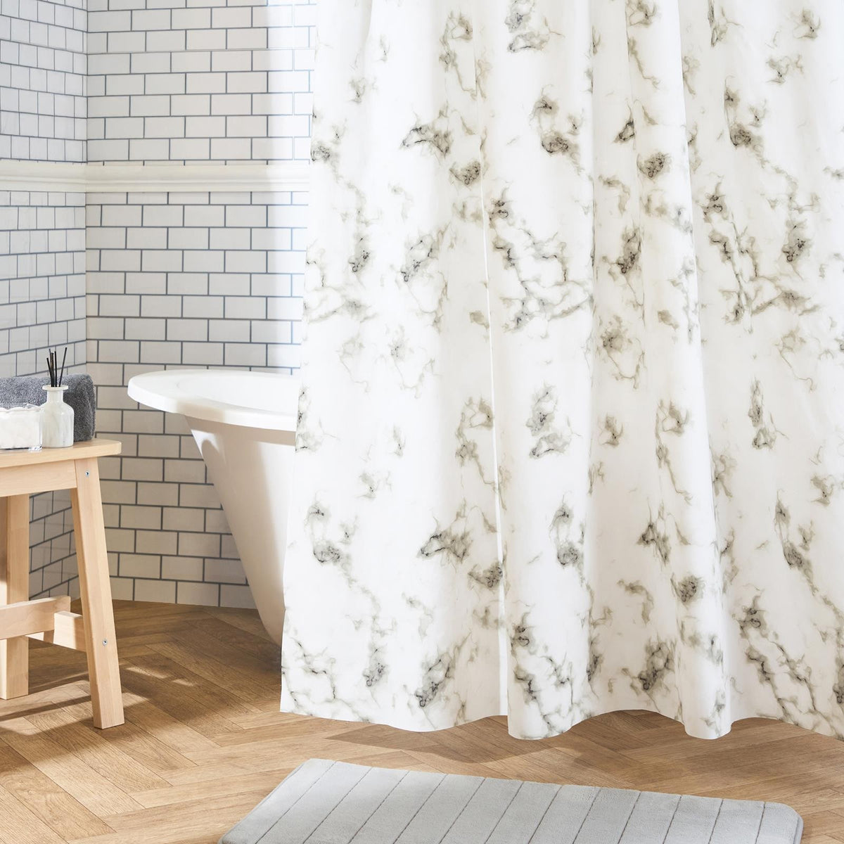 OHS Marble Shower Curtain with 12 Hooks Weighted Hem Bathtub Curtain, White/Grey