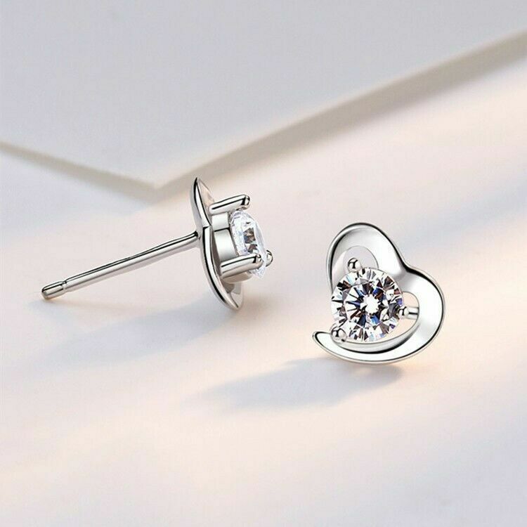 925 Sterling Silver Crystal Heart Stud Earrings Womens Girls valentine's Gift