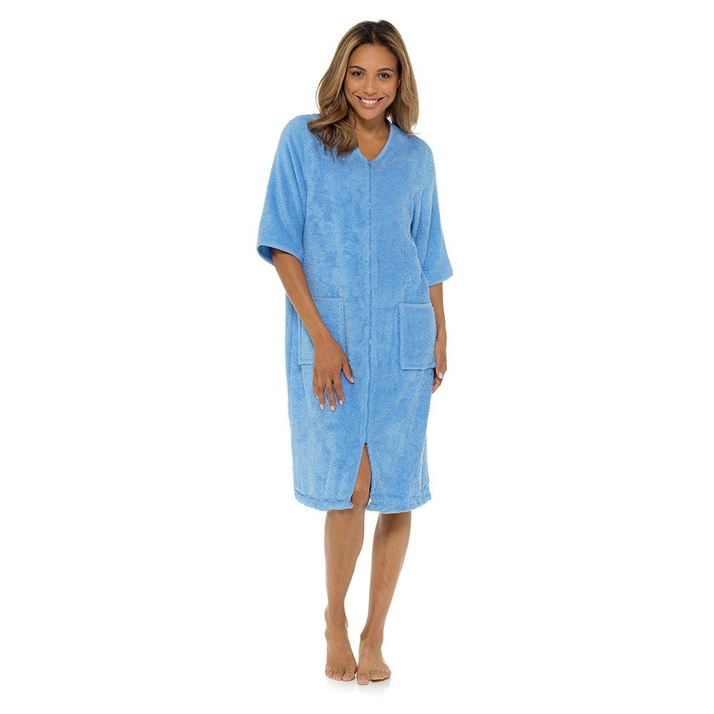 Women Terry Towelling Bathrobe Zip Up 100% Cotton Soft Warm Dressing Gown