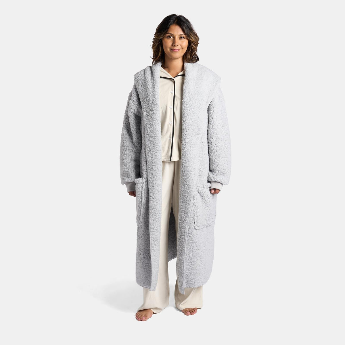 OHS Waterfall Long Cardigan Warm Teddy Fleece Open Front Wrap Loungewear Outwear