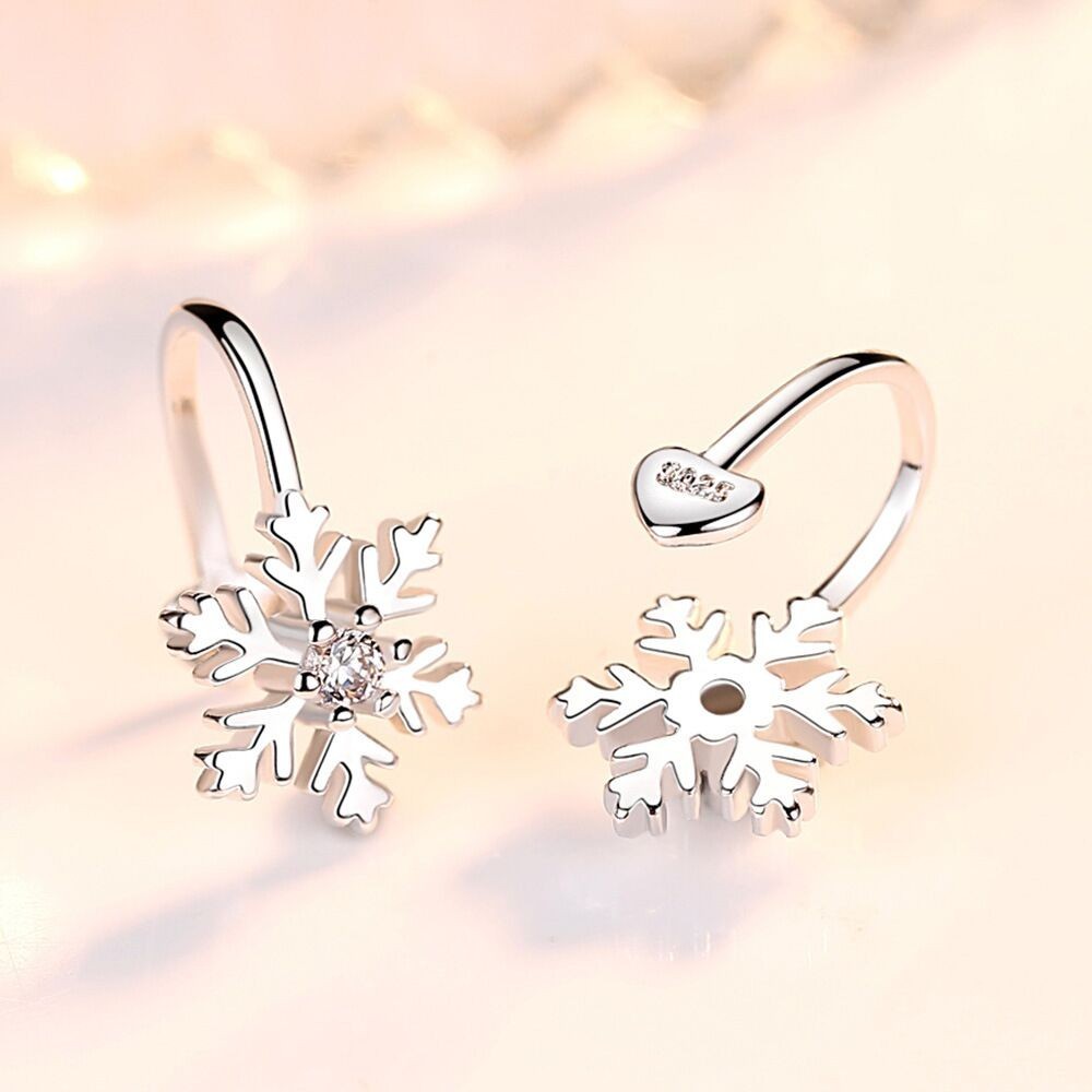 Lovely Crystal Snowflake Ear Clip Cuff Earrings 925 Sterling Silver Christmas