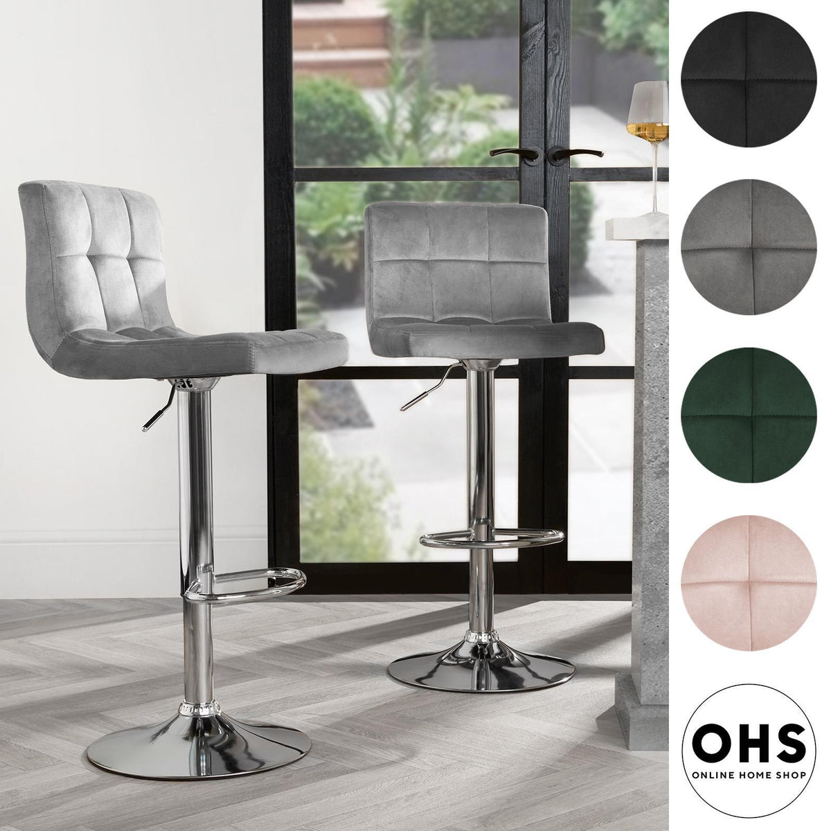 Adjustable Bar Stools x 2 Velvet Swivel Pub Seat Kitchen Breakfast Counter Chair