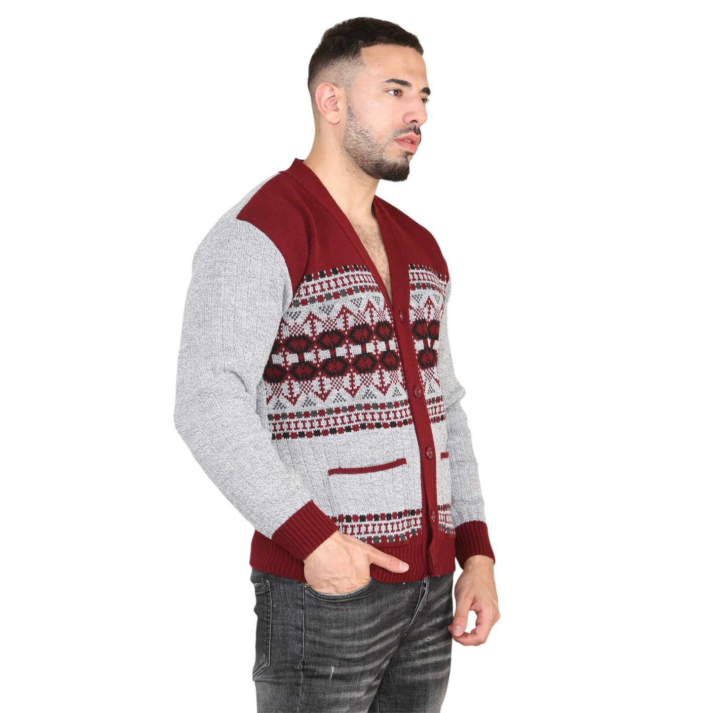 MENS AZTEC PATTERN CARDIGAN ZIP POCKET THICK WINTER WARM SWEATER KNITTED JUMPER