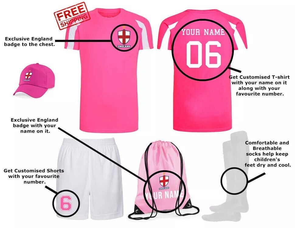 Personalised Kids Pink England Style Football Kit - Shirt Shorts Bag Socks & Cap