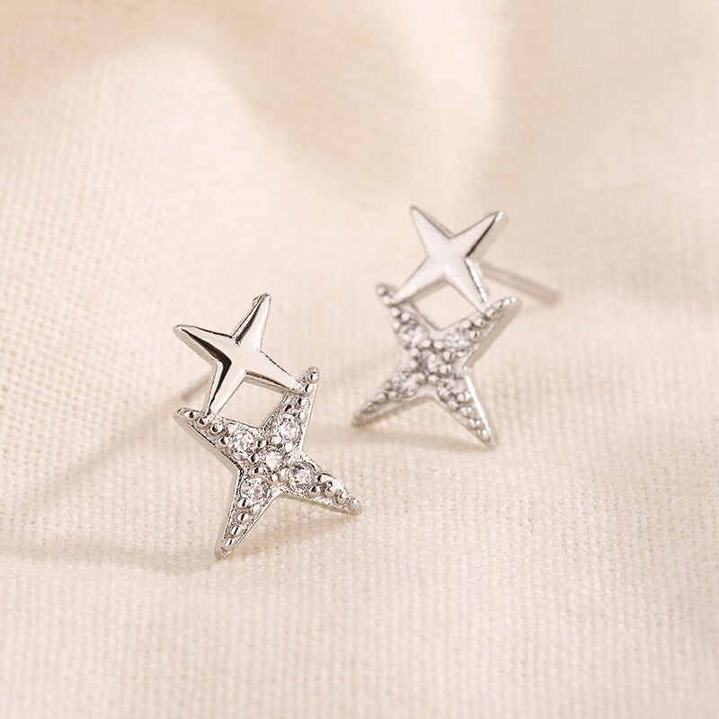 925 Sterling Silver Crystal Star Linked Stud Earrings Jewellery Women Girls Gift