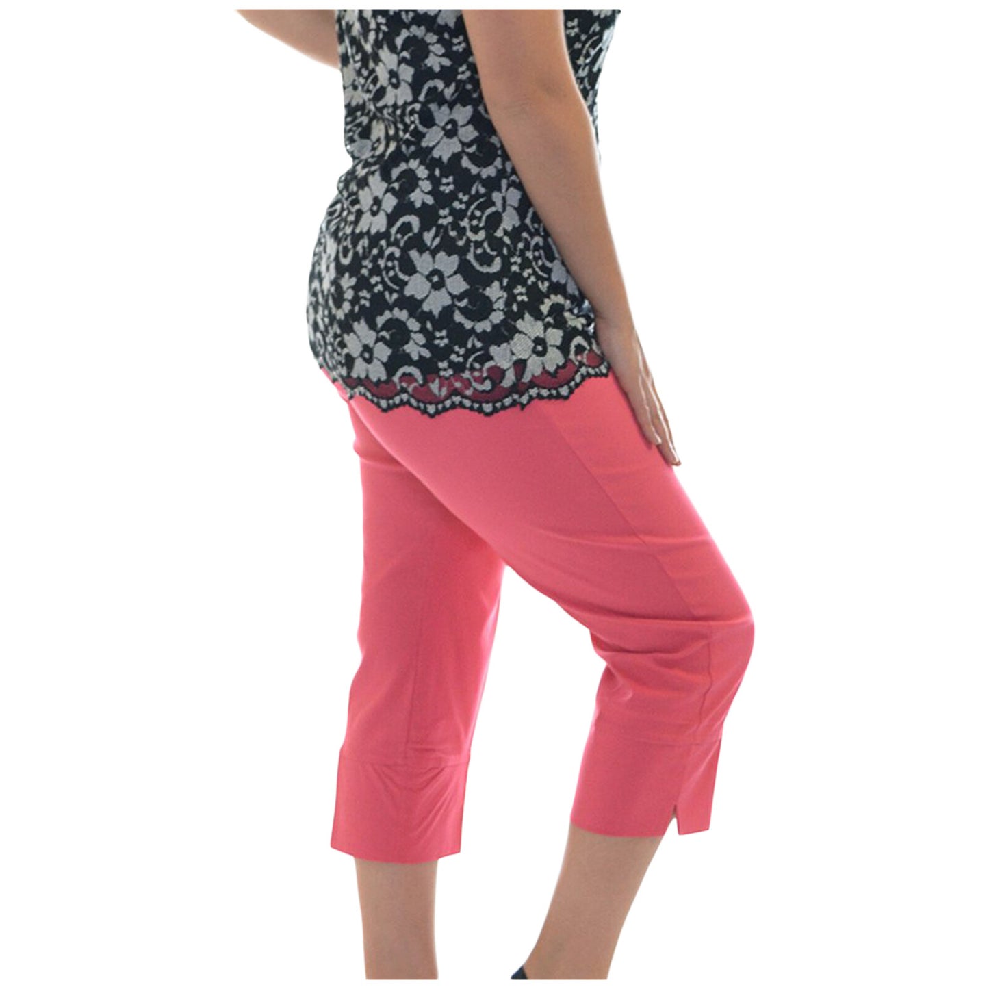 3/4 LENGTH WOMENS LADIES STRETCH ELASTICATED WAIST PLAIN PANTS CROPPED TROUSERS