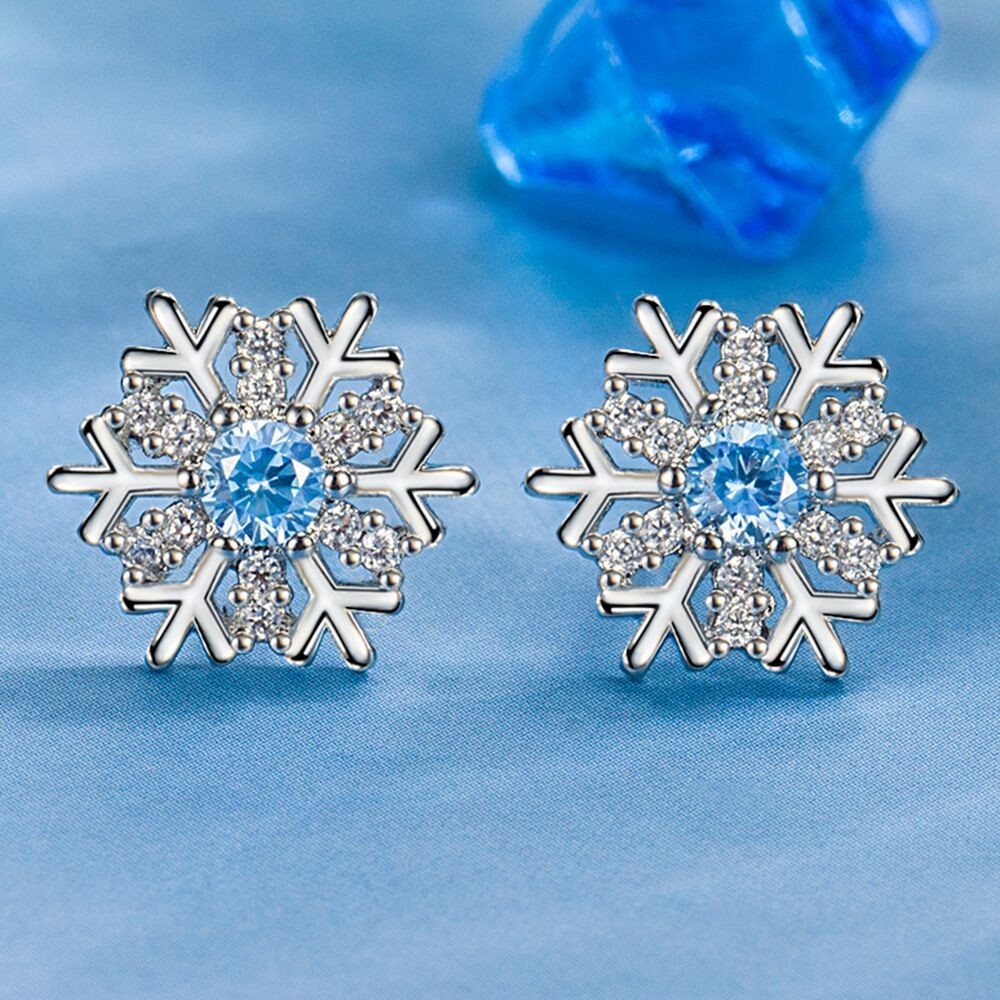 Christmas Crystal Snowflake Stud Earrings 925 Sterling Silver Women Jewellery
