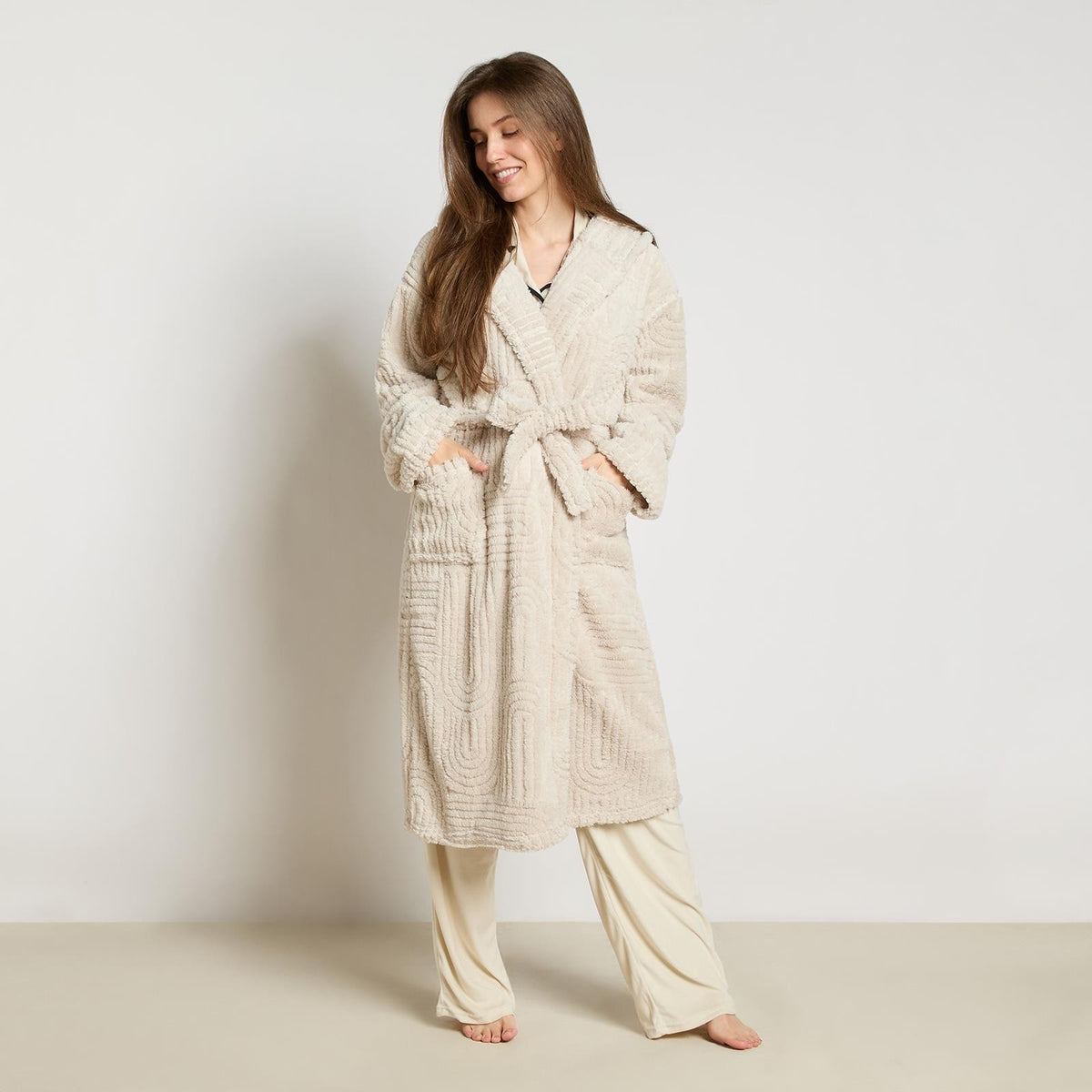 OHS Tufted Dressing Gown Soft Fleece Robe Thermal Bathrobe Hooded Loungewear