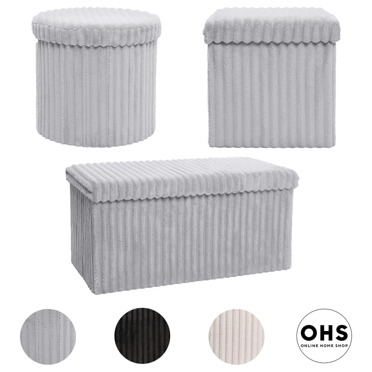 OHS Storage Box Lid Ottoman Folding Ribbed Fleece Footstool Tub Seat