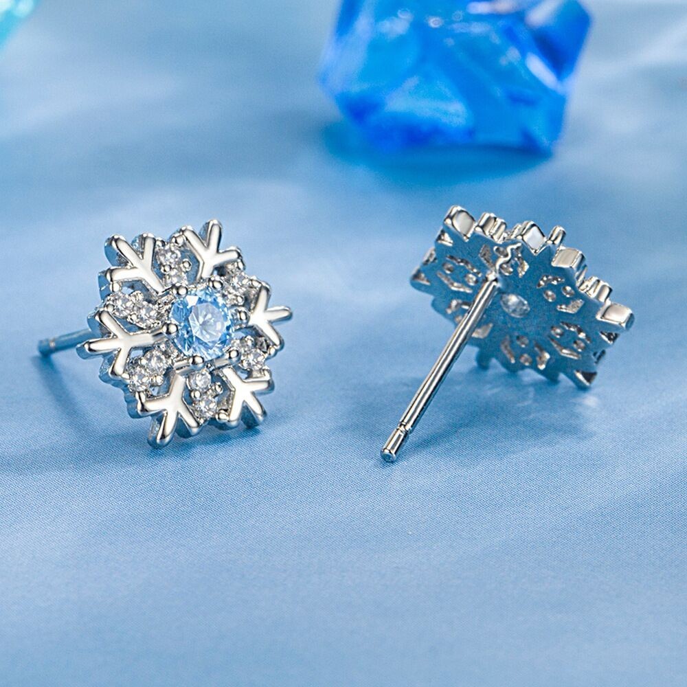 Christmas Crystal Snowflake Stud Earrings 925 Sterling Silver Women Jewellery