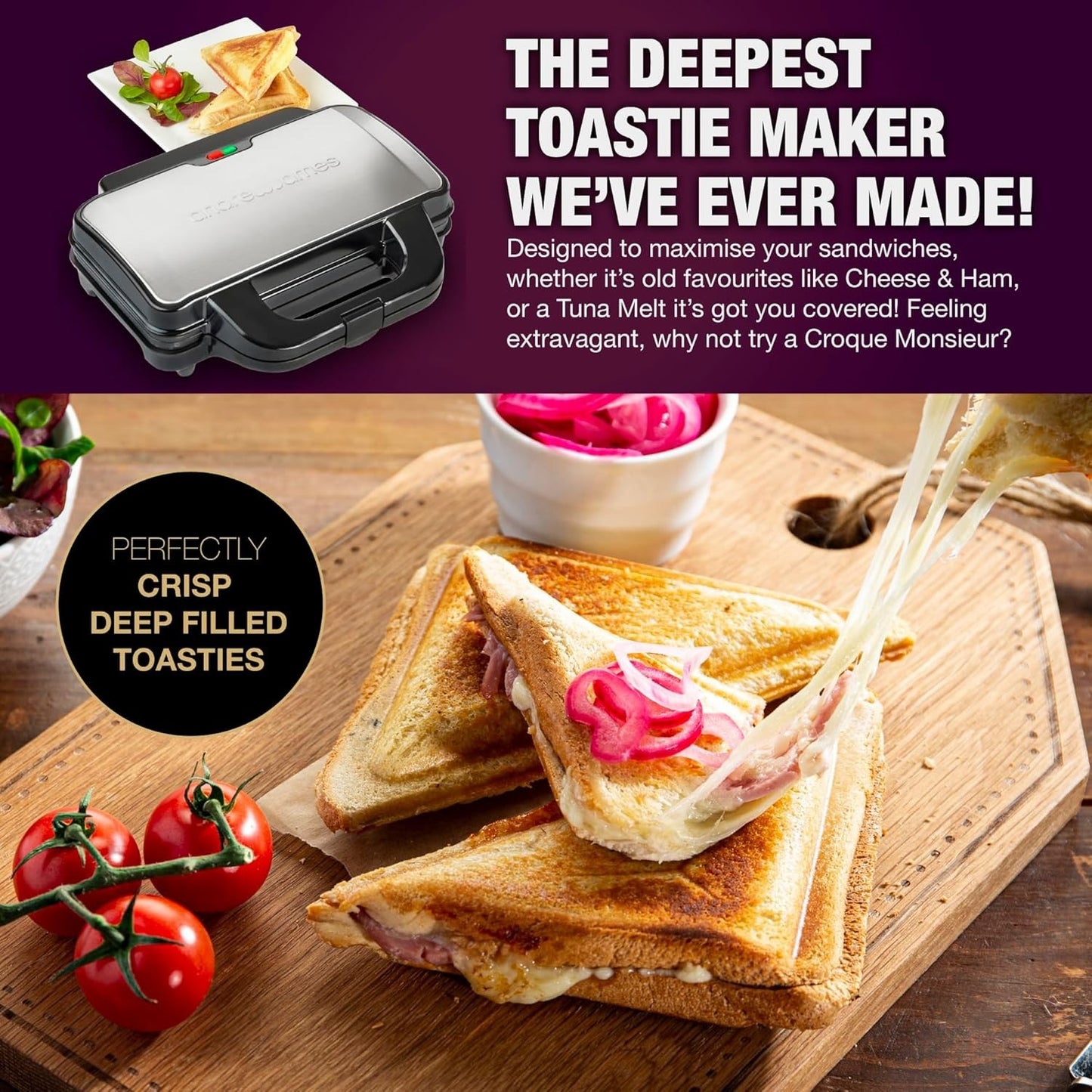 Toastie Maker Sandwich Toaster Extra Deep Fill Grill Toasty Machine Andrew James