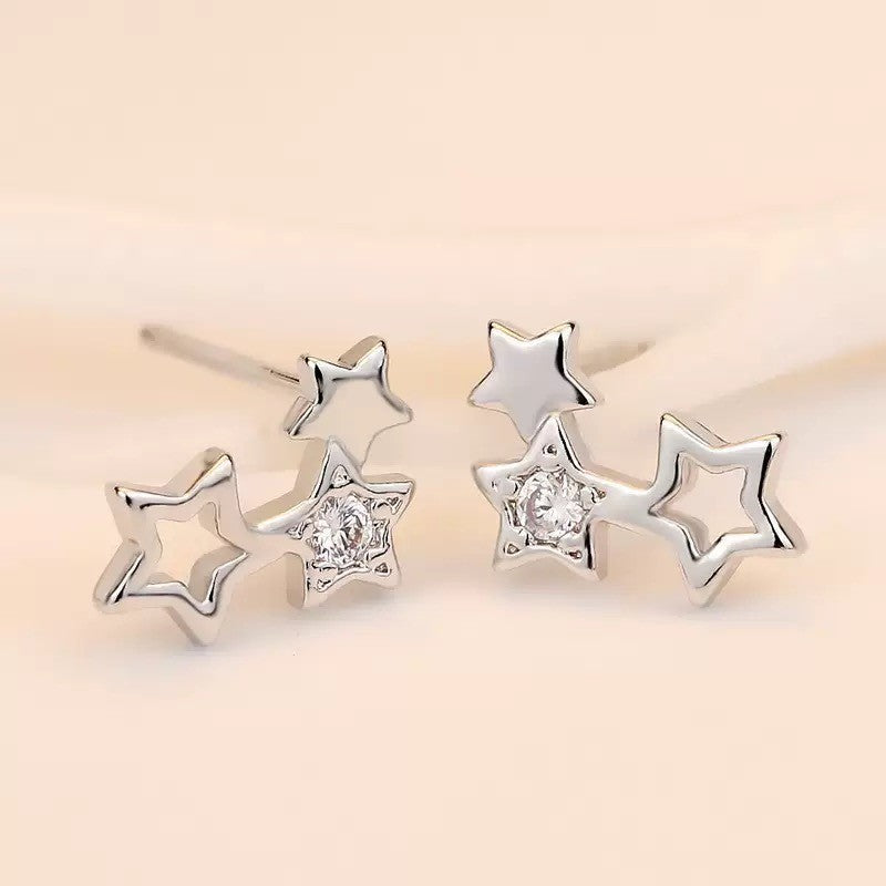 925 Sterling Silver Crystal Star Linked Stud Earrings Jewellery Women Girls Gift