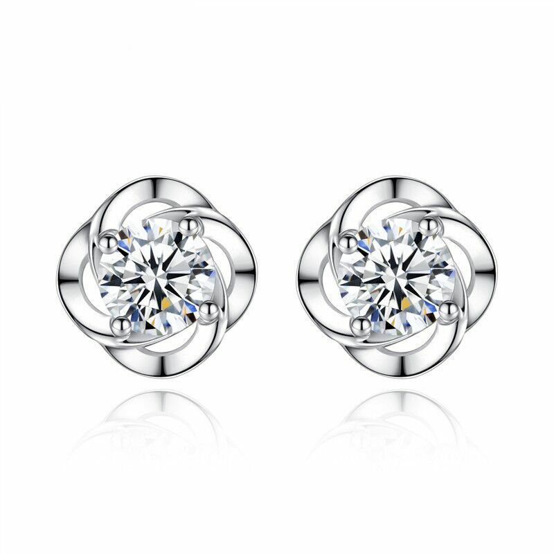 Women Girls Crystal Stone Clover Stud Earrings 925 Sterling Silver Jewellery UK