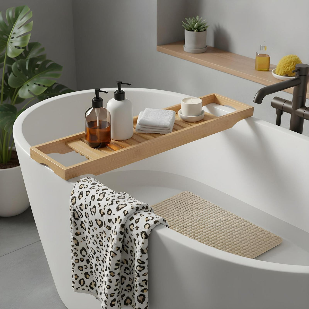 OHS Bamboo Bath Tub Rack Storage Bathroom Caddy Shelf Tray Soap Holder Tidy Unit