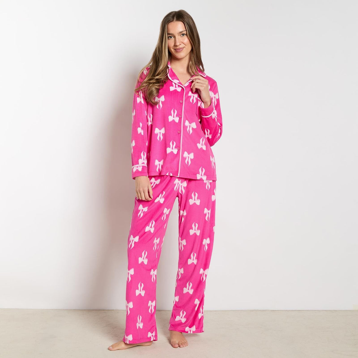 OHS Bows Pyjama Set Womens Button Through Baby Fleece Loungewear Nightwear