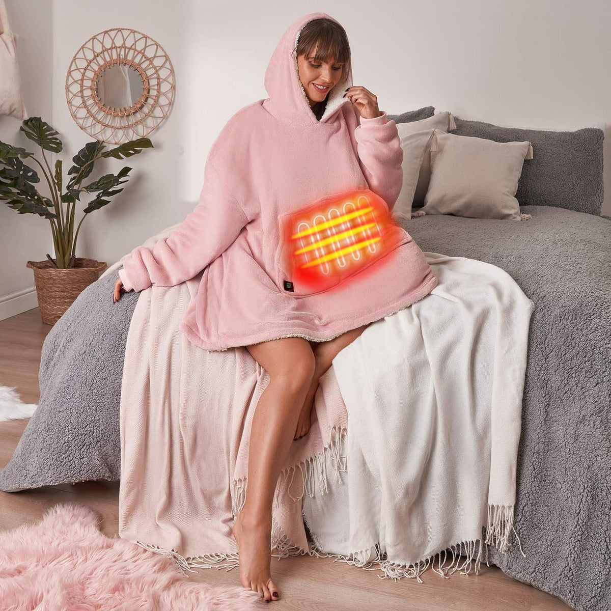 OHS Electric Heated Oversized Hoodie Blanket with Sleeves Wearable Sherpa Giant