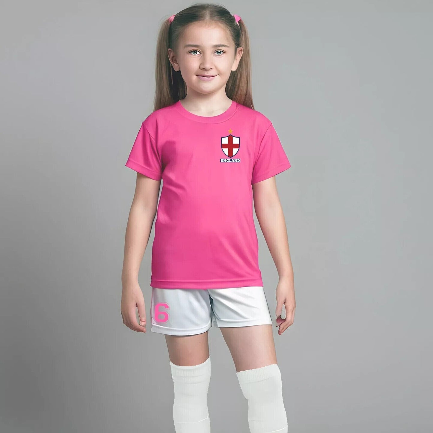 Personalised Kids Pink England Style Football Kit - Shirt Shorts Bag Socks & Cap