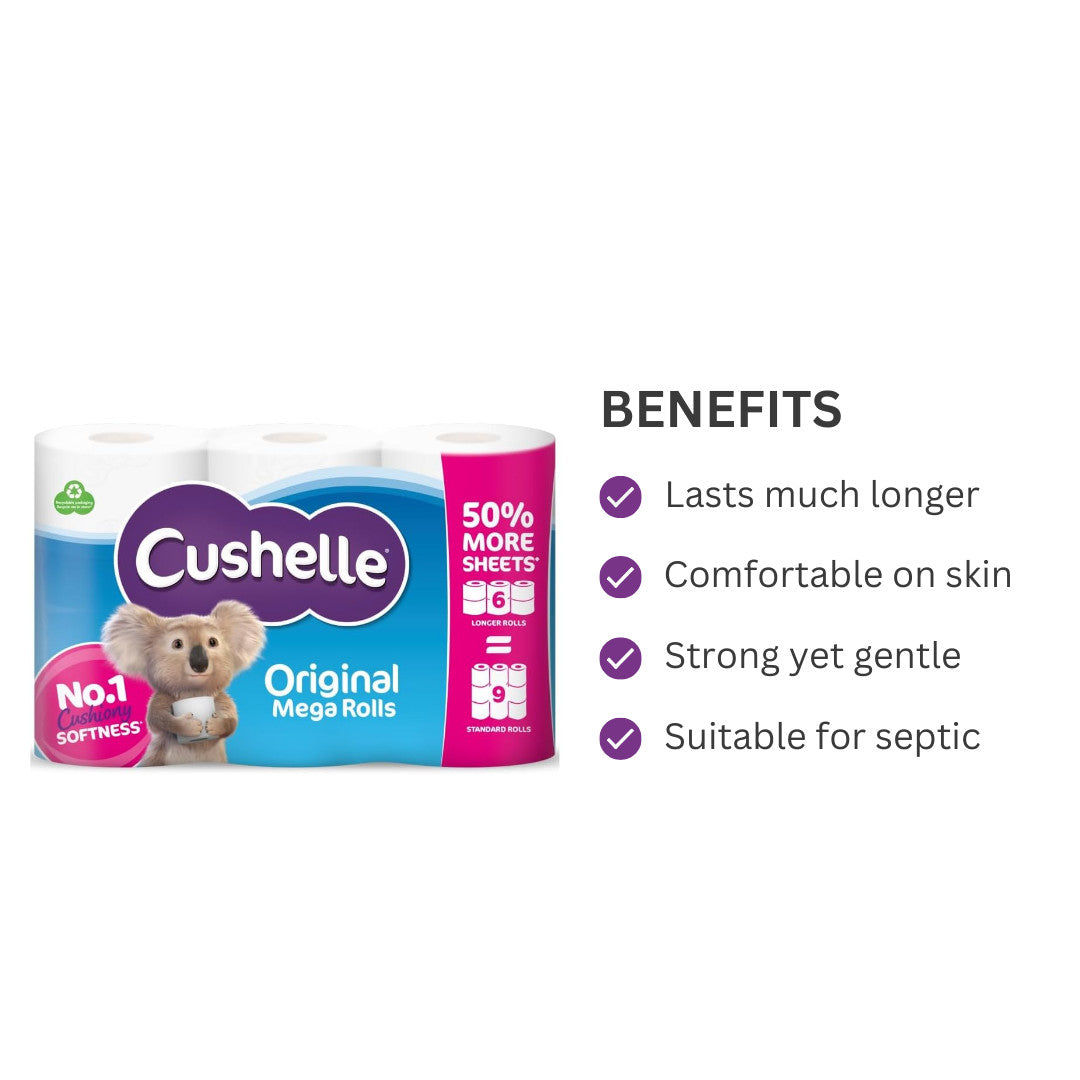 Cushelle Original Mega Rolls Longer Toilet Sheets 6 Rolls - Pack of 3