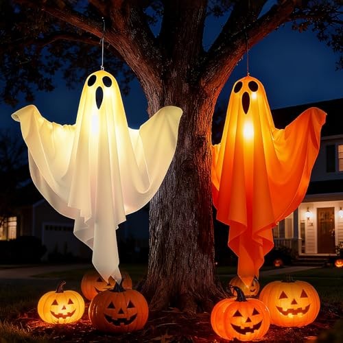 2Pcs Halloween Ghost Decorations Hanging LED Light Up Spooky Outdoor Yard Decor