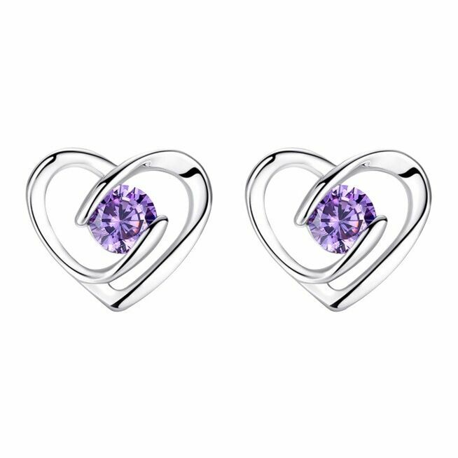 Women Crystal Purple Stone Heart Stud Earrings 925 Sterling Silver Jewellery UK