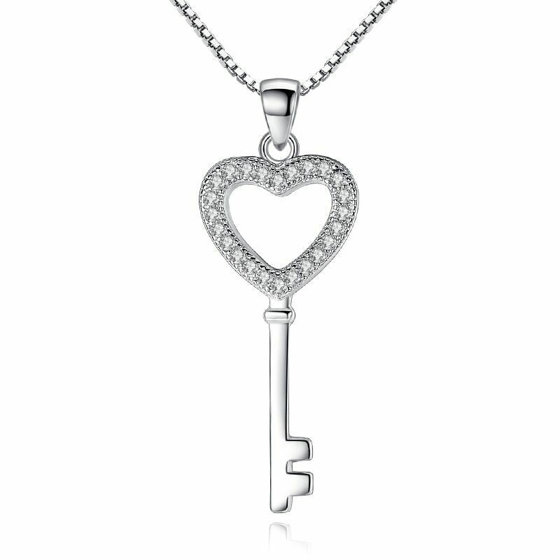 Women Crystal Heart Key Pendant Chain Necklace 925 Sterling Silver Jewellery UK
