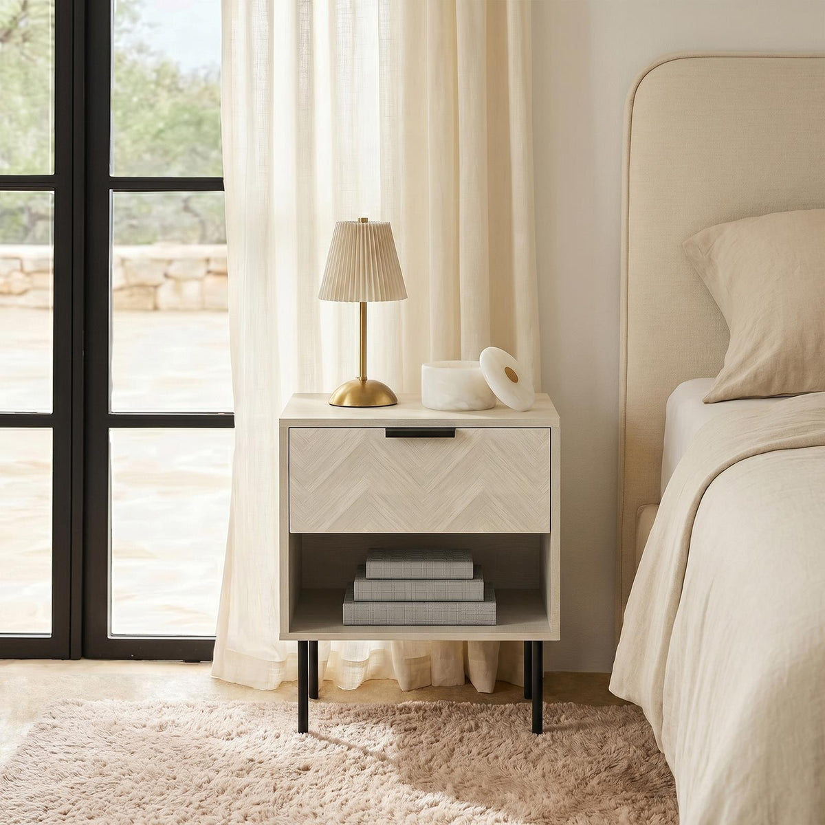 OHS Chevron Bedside Nightstand 1 Drawer Storage Unit Wooden End Table