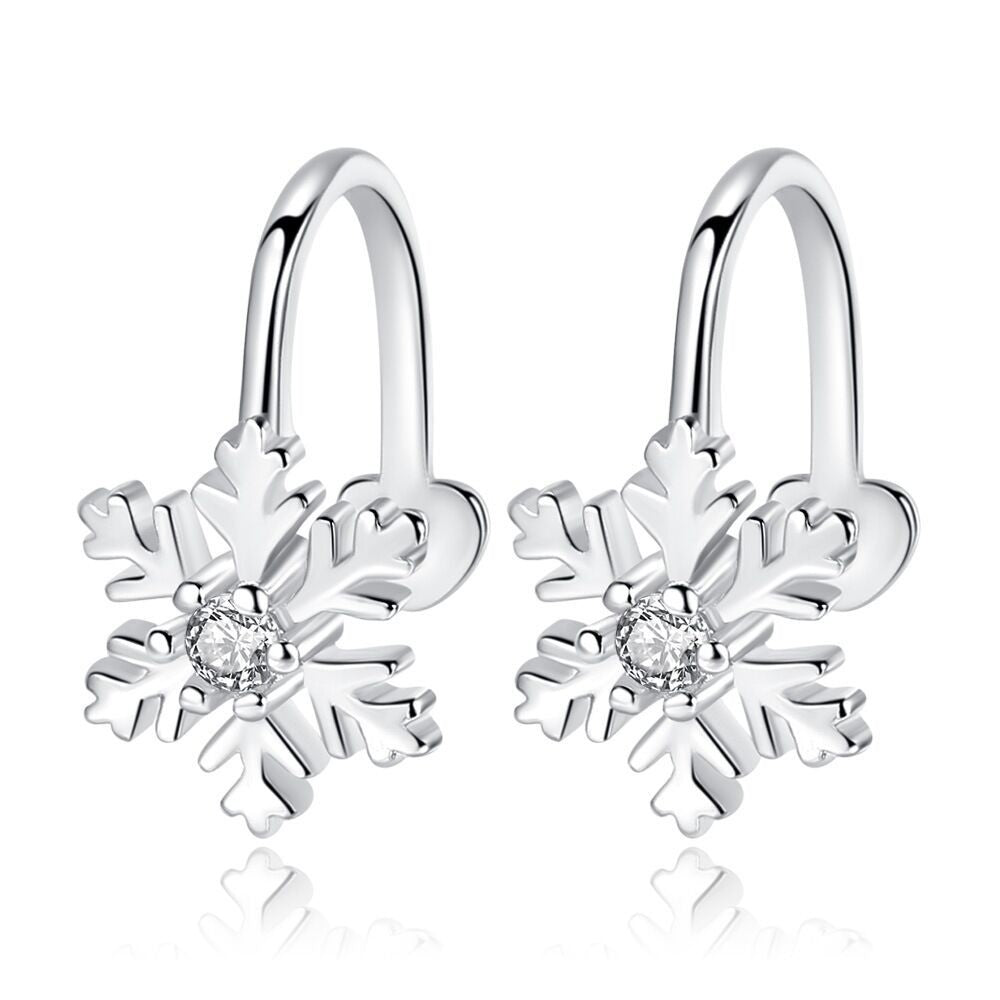 Lovely Crystal Snowflake Ear Clip Cuff Earrings 925 Sterling Silver Christmas
