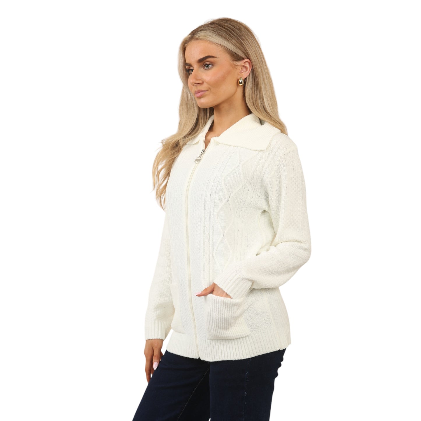 WOMENS ZIP UP CARDIGAN LADIES DIAMOND CABLE KNIT LONG SLEEVES SWEATER TOP JUMPER