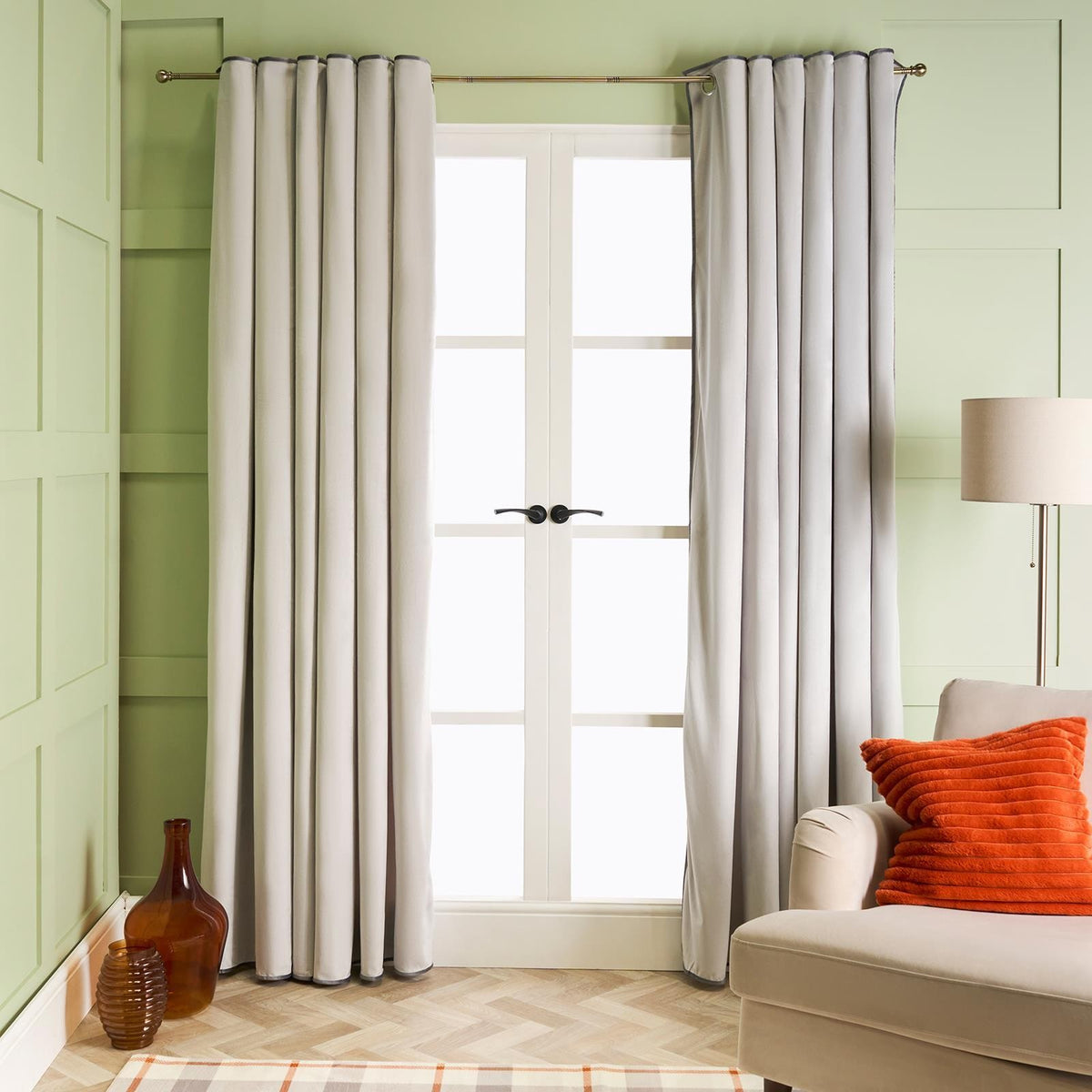 OHS Piped Edge Velvet Curtains Thermal 2 Panel Eyelet Ready Made