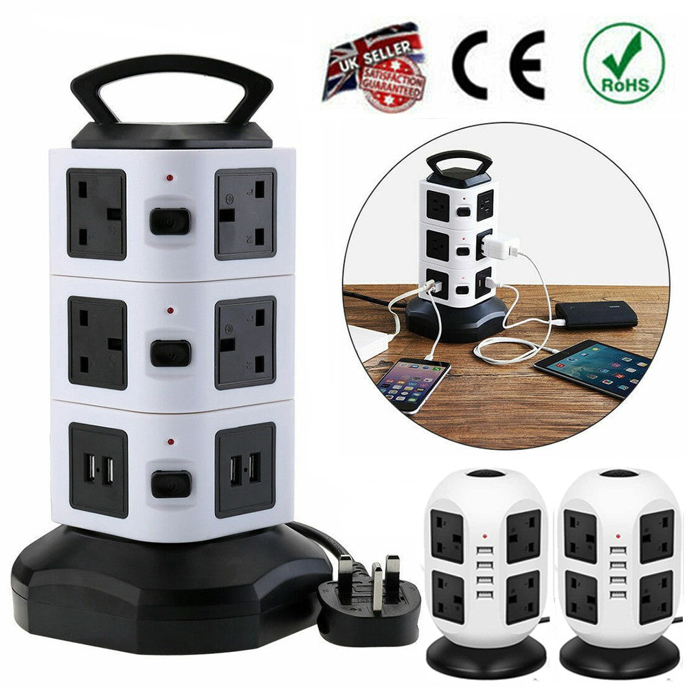 8/10 Way Tower Power Extension Lead 3M With 4 USB Ports UK Plug Surge Protected