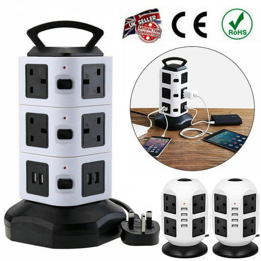 8/10 Way Tower Power Extension Lead 3M With 4 USB Ports UK Plug Surge Protected