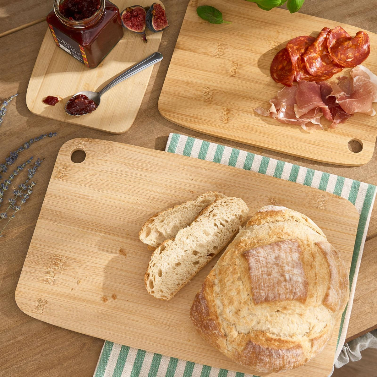 OHS Bamboo Cutting Board Set of 3 Natural Chopping Serving Platter Non-Slip