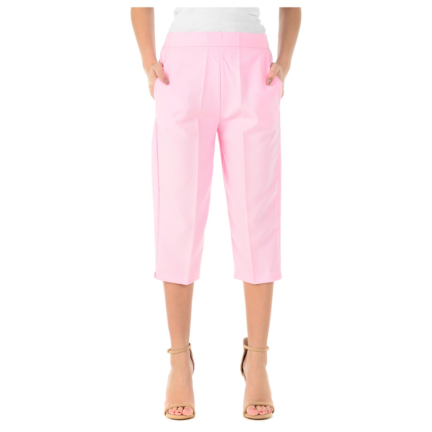 3/4 LENGTH WOMENS LADIES STRETCH ELASTICATED WAIST PLAIN PANTS CROPPED TROUSERS