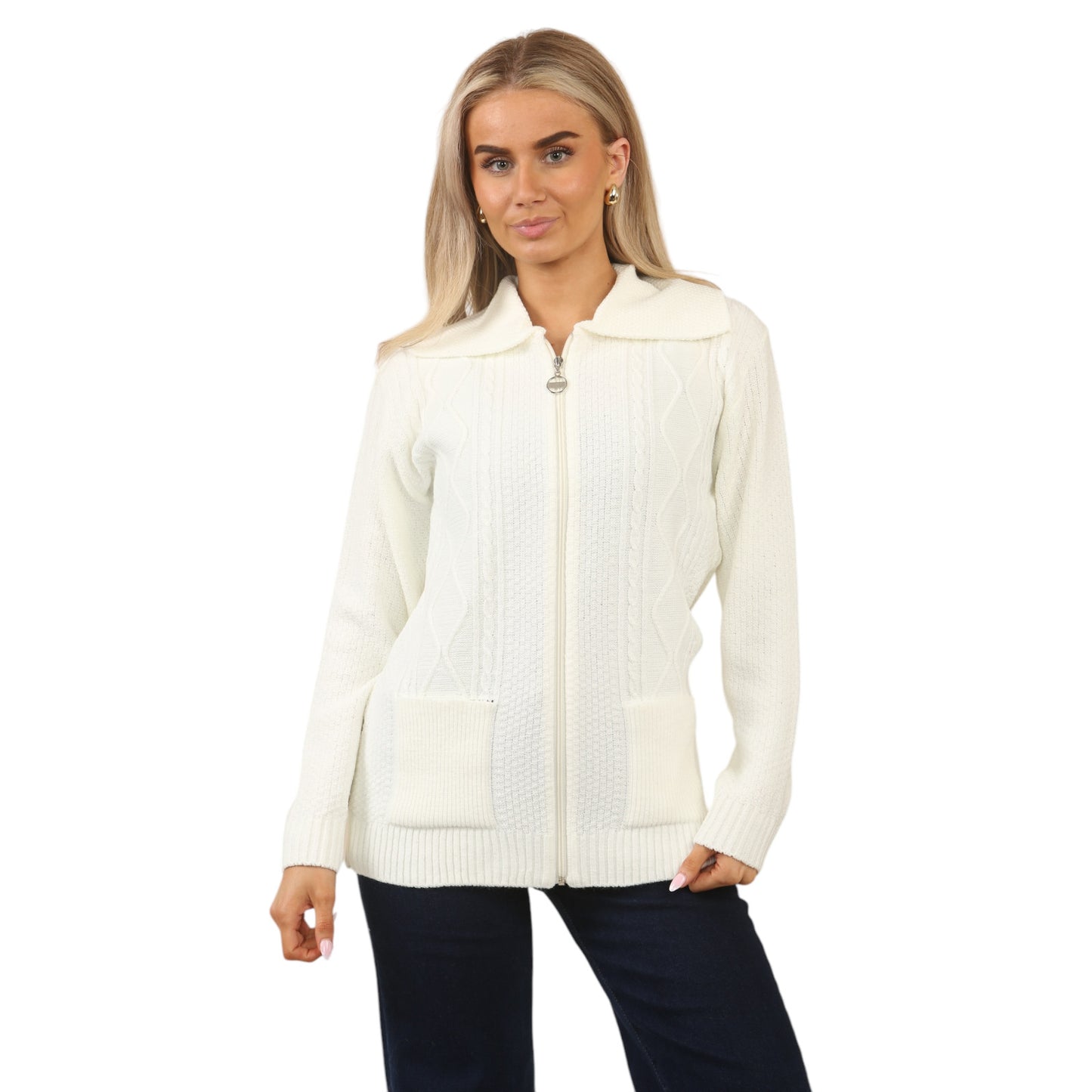 WOMENS ZIP UP CARDIGAN LADIES DIAMOND CABLE KNIT LONG SLEEVES SWEATER TOP JUMPER