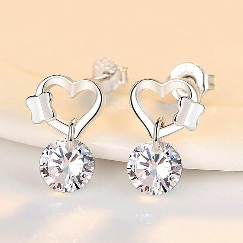 Women 925 Sterling Silver Crystal Heart Butterfly Stud Earrings Valentine's Gift