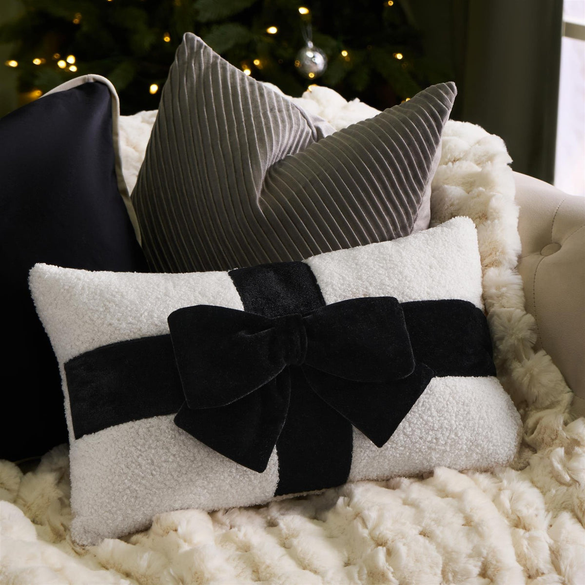 OHS Bow Wrapped Cushion Boucle Gift Decorative Novelty Filled Scatter Pillow