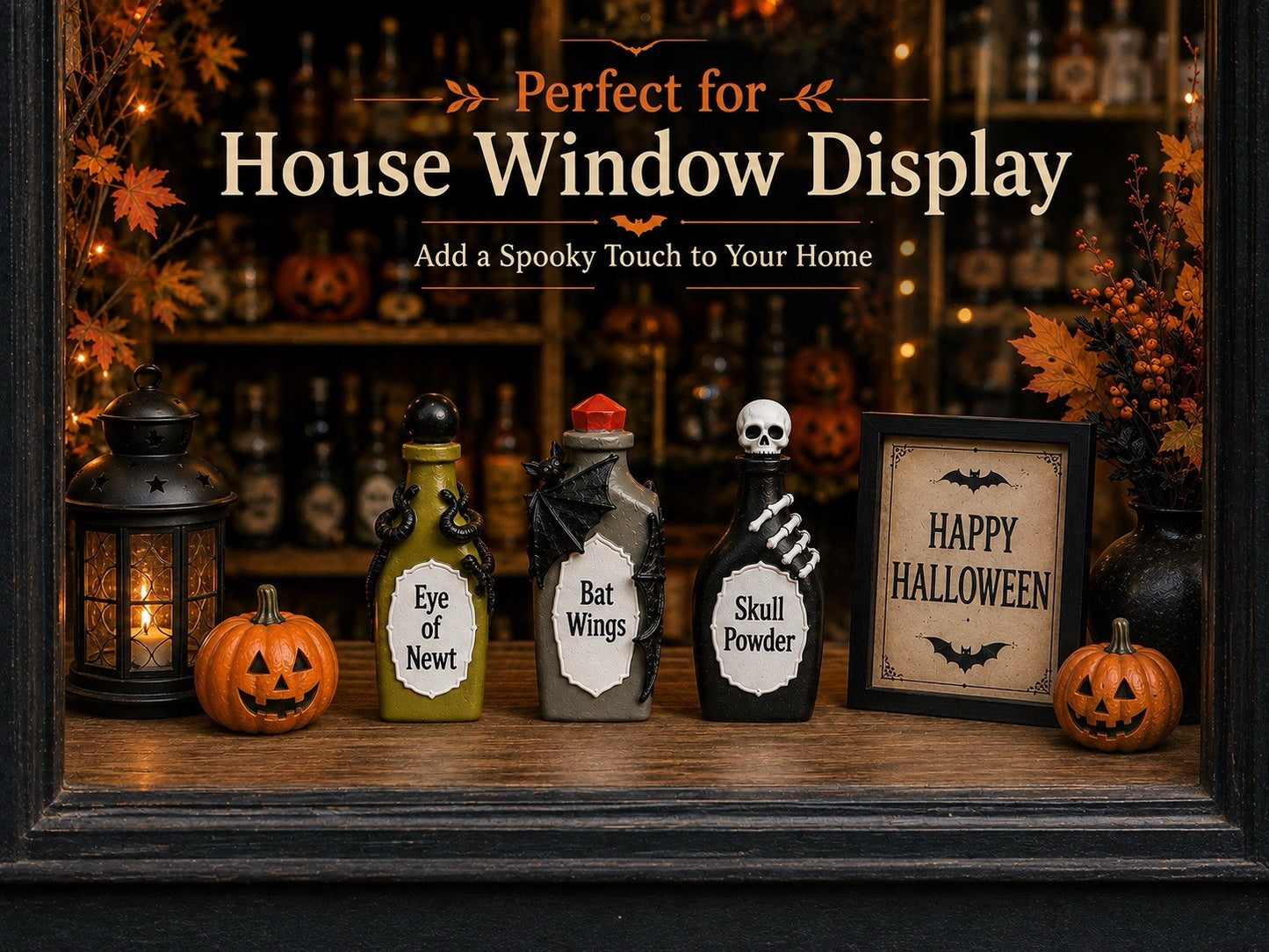 Halloween Decorations Set of 3 Spooky Potion Bottles Hand Painted 15cm Indoor