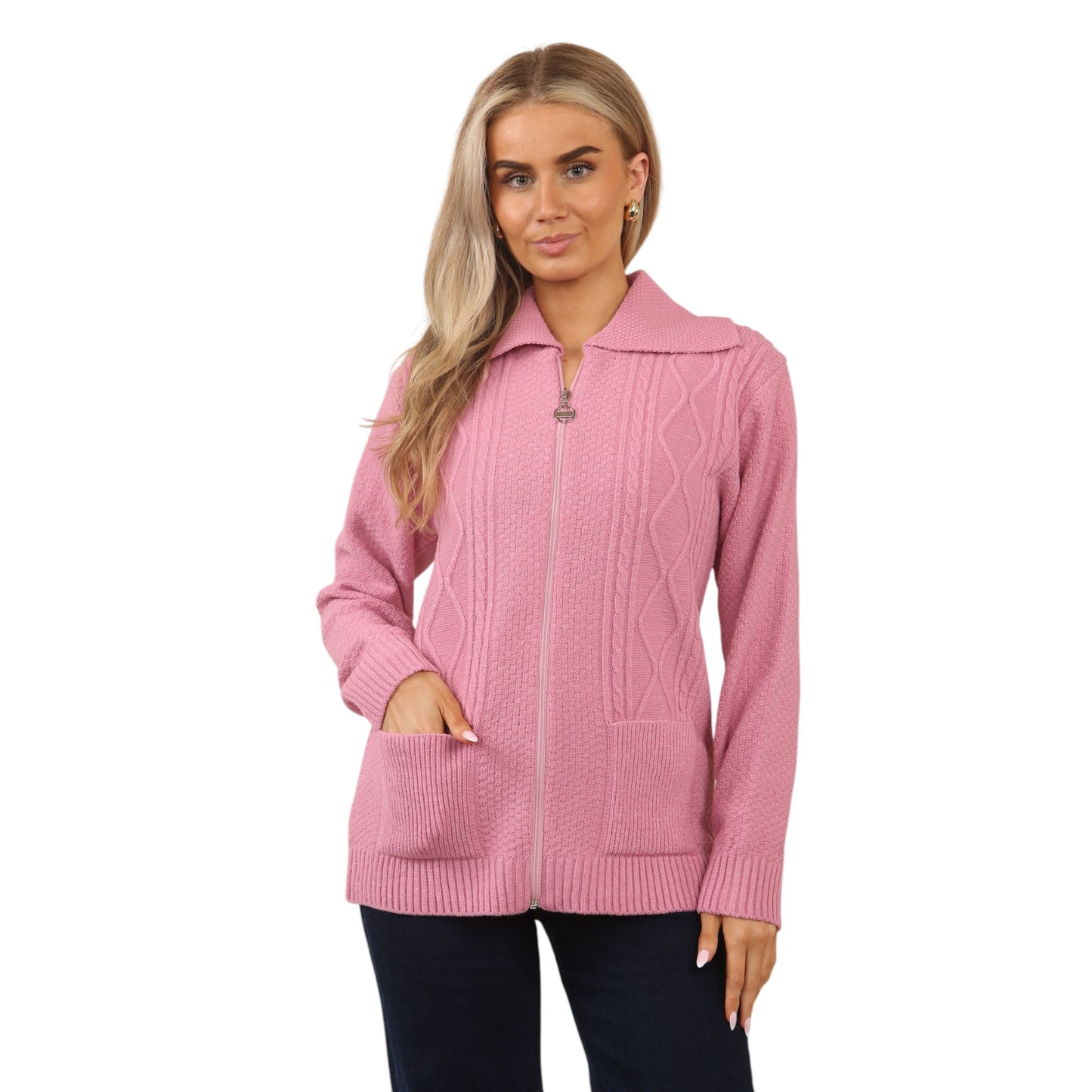 WOMENS ZIP UP CARDIGAN LADIES DIAMOND CABLE KNIT LONG SLEEVES SWEATER TOP JUMPER