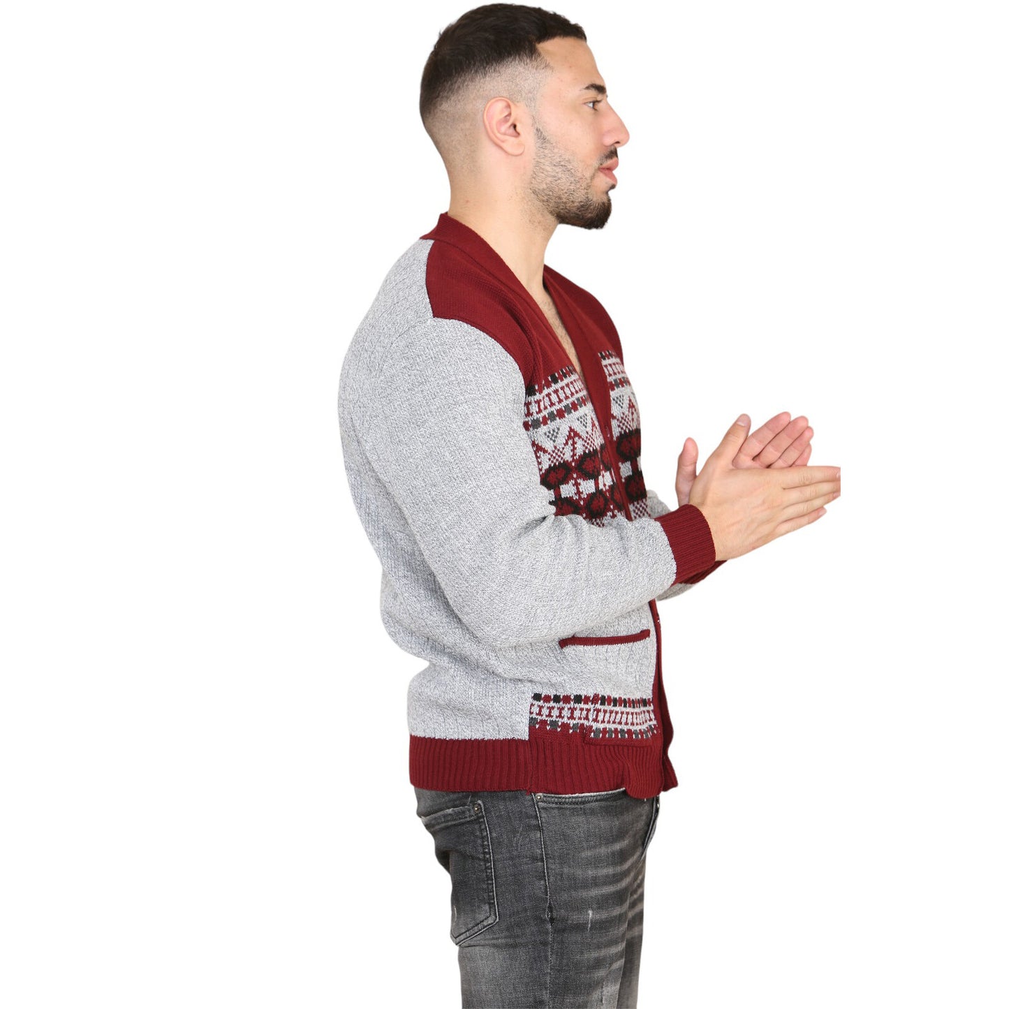 MENS AZTEC PATTERN CARDIGAN ZIP POCKET THICK WINTER WARM SWEATER KNITTED JUMPER