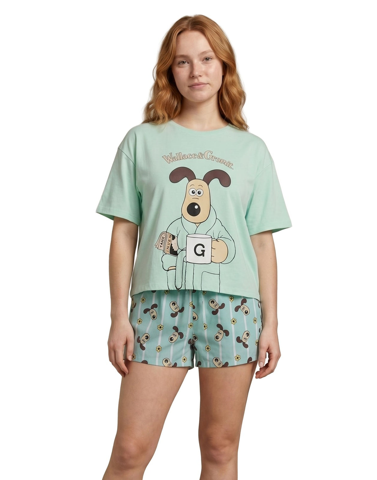 Wallace And Gromit Short Sleeve Short Leg Pyjama Set | Womens Green | Official M