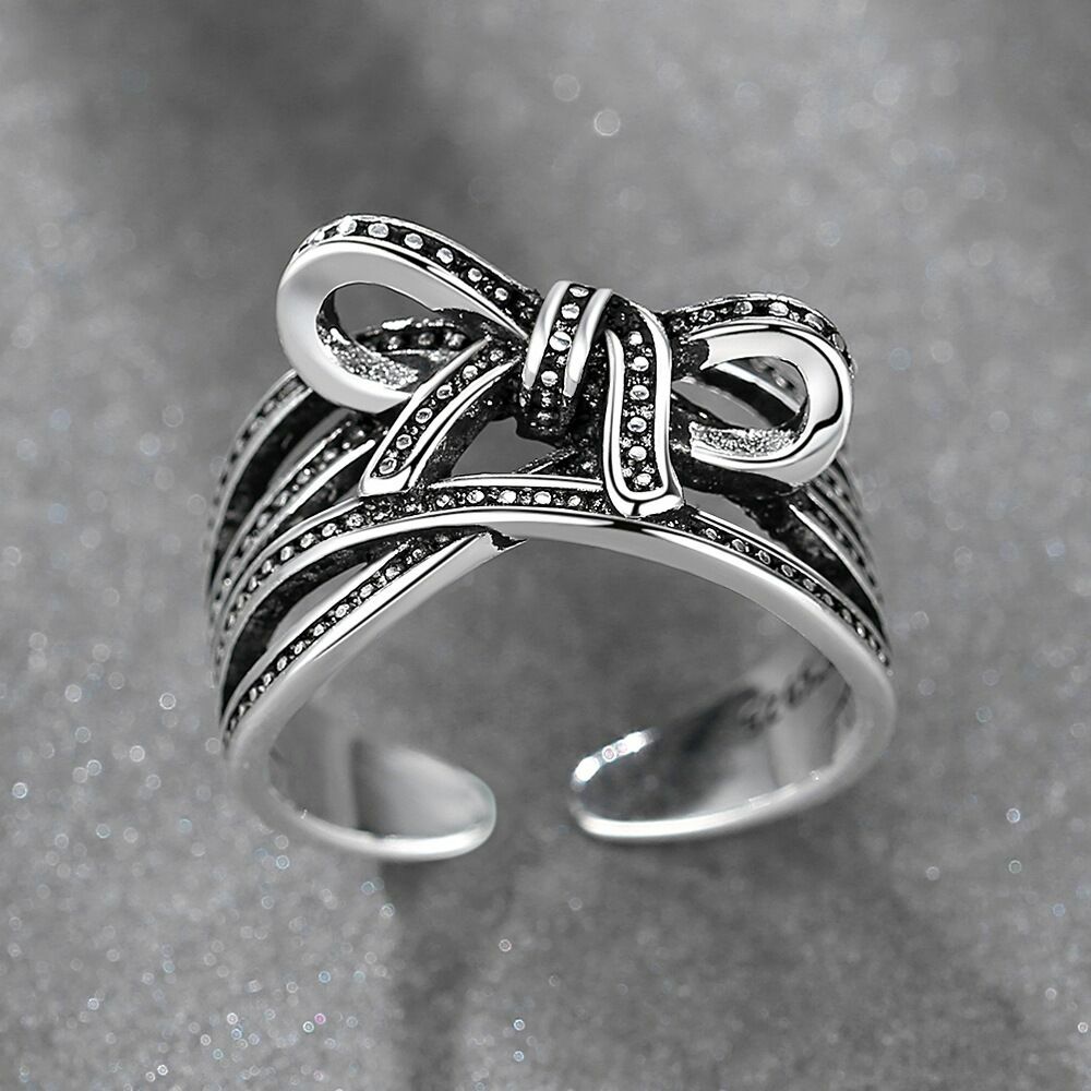 Women Girls Elegant Bow Tie Adjustable Ring 925 Sterling Silver Jewellery Gift U
