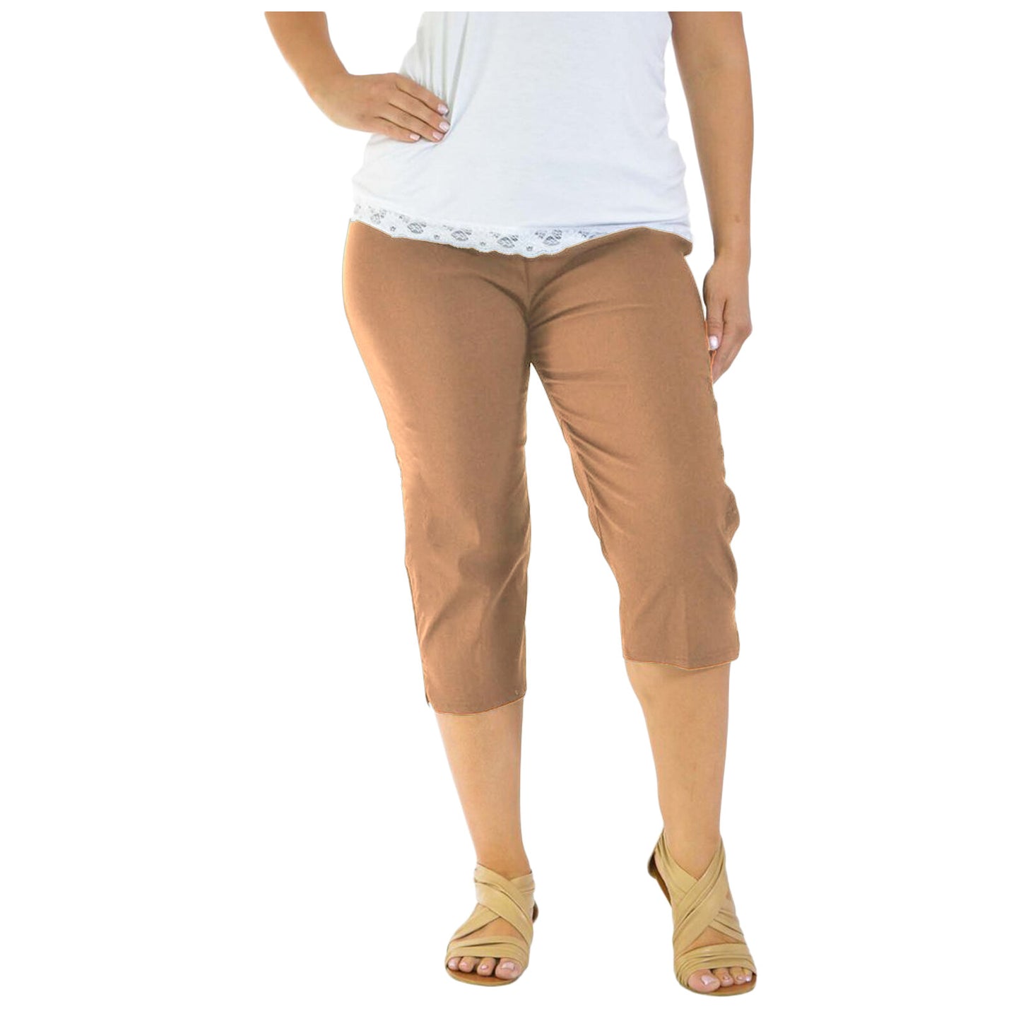3/4 LENGTH WOMENS LADIES STRETCH ELASTICATED WAIST PLAIN PANTS CROPPED TROUSERS